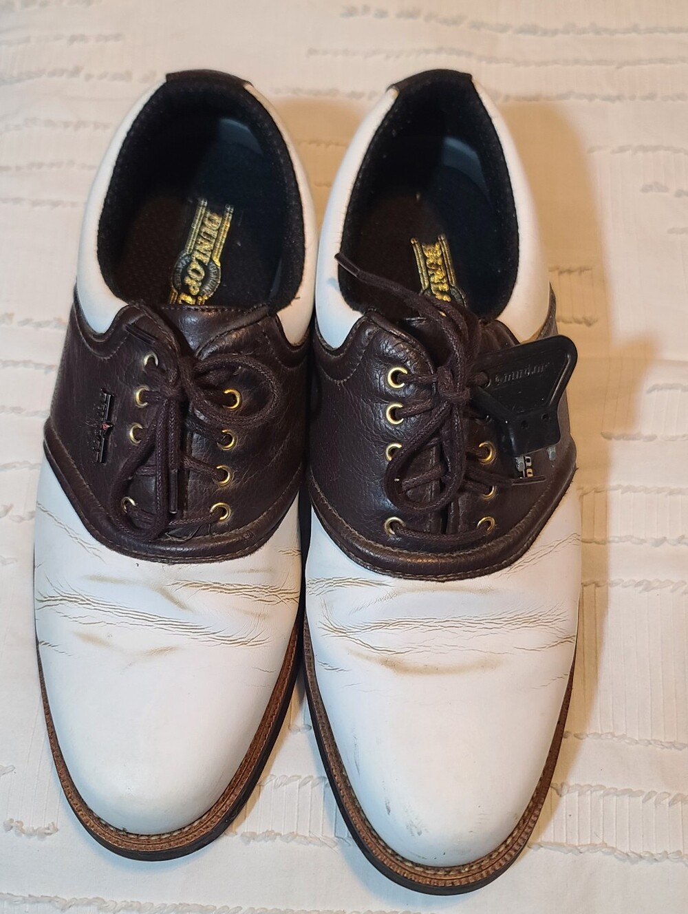 Dunlop Dry Men's Golf Shoes Leather Spiked Lace Up White/Brown Low Top sz 8.5